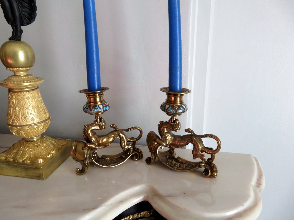 Pair Of Candelstick Enamel Marquetry And Bronze 19th Century-photo-2