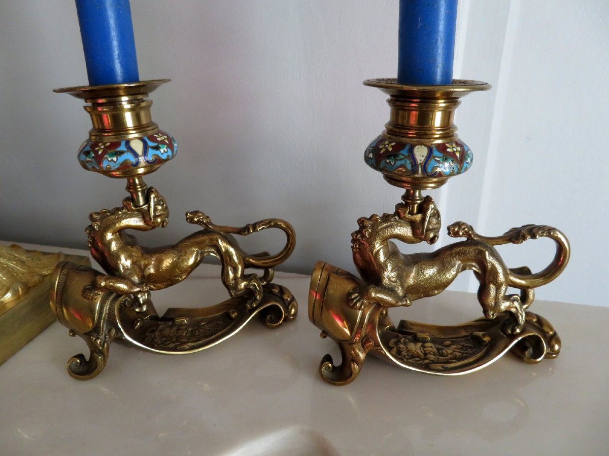 Pair Of Candelstick Enamel Marquetry And Bronze 19th Century-photo-3