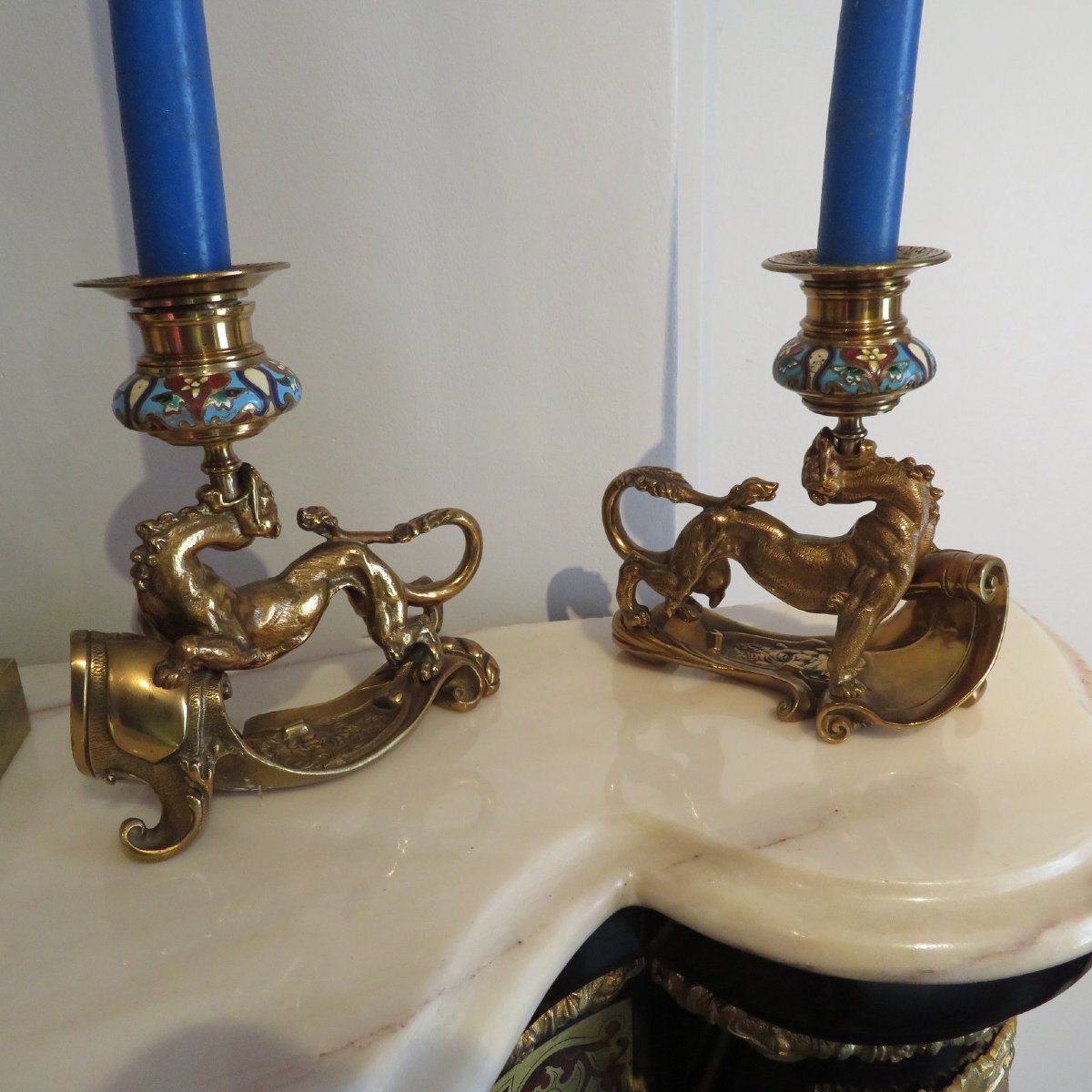 Pair Of Candelstick Enamel Marquetry And Bronze 19th Century-photo-4