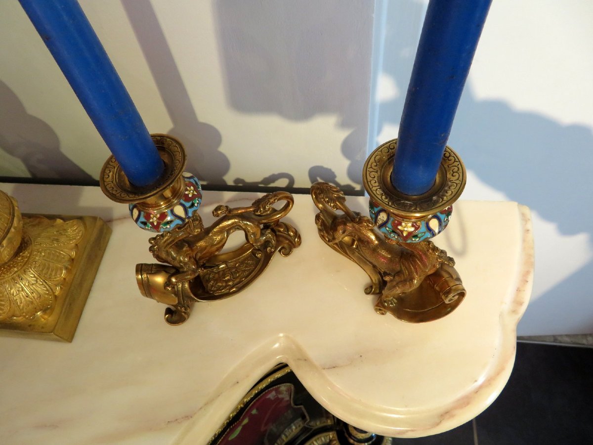 Pair Of Candelstick Enamel Marquetry And Bronze 19th Century-photo-5