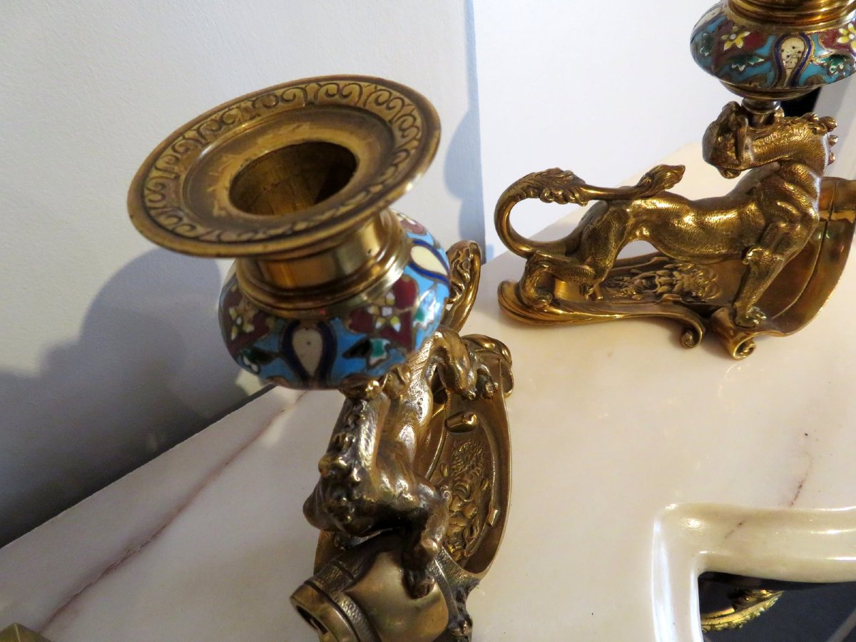 Pair Of Candelstick Enamel Marquetry And Bronze 19th Century-photo-7
