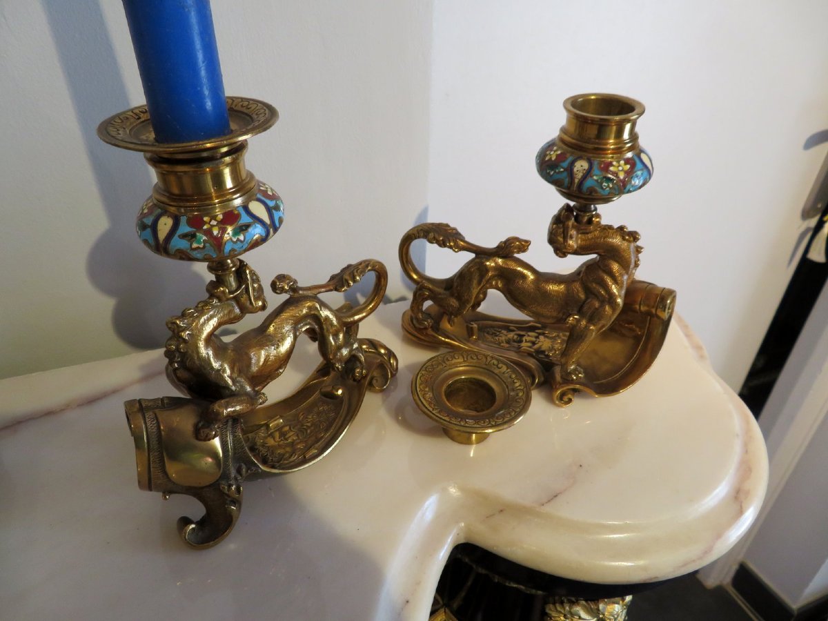 Pair Of Candelstick Enamel Marquetry And Bronze 19th Century-photo-8