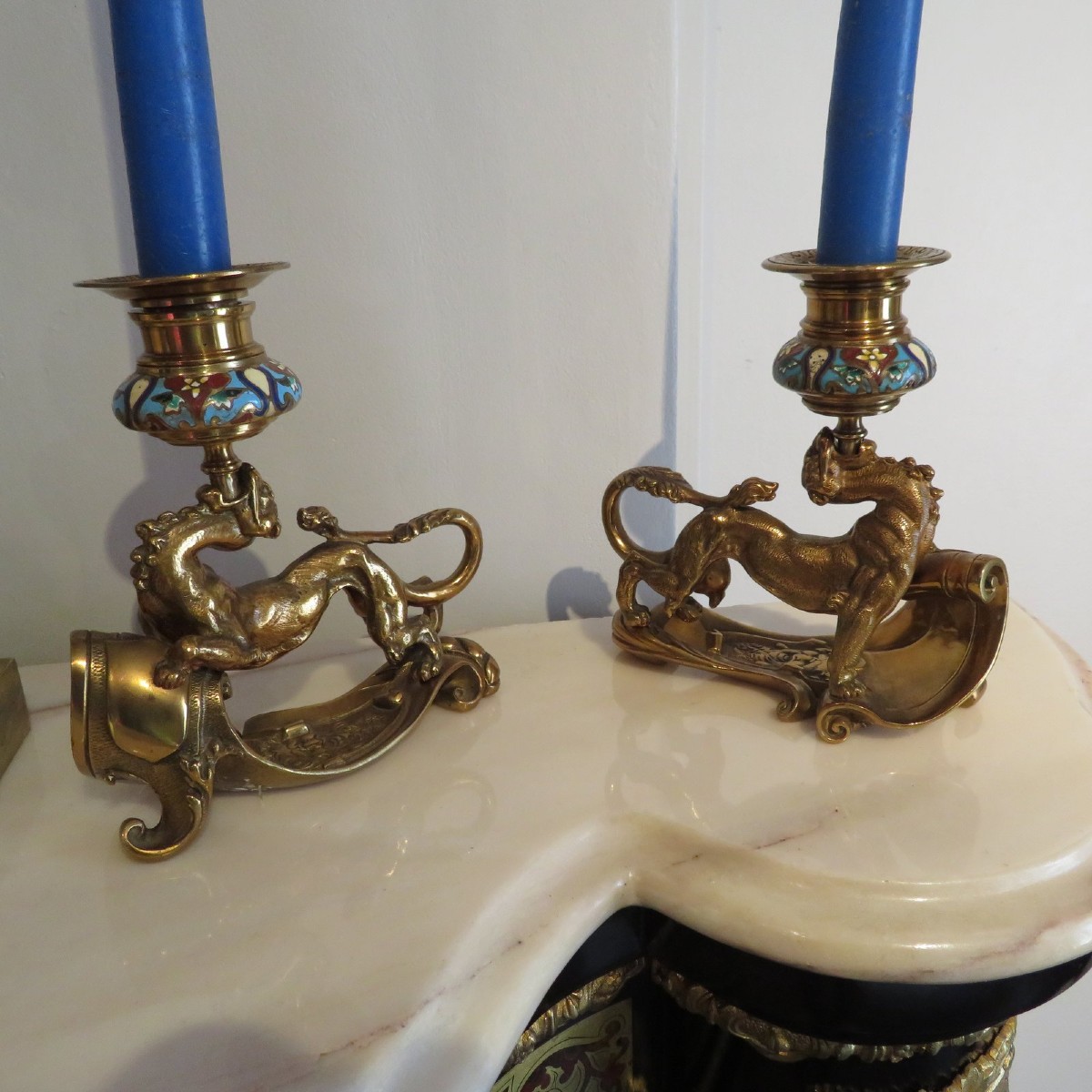 Pair Of Candelstick Enamel Marquetry And Bronze 19th Century