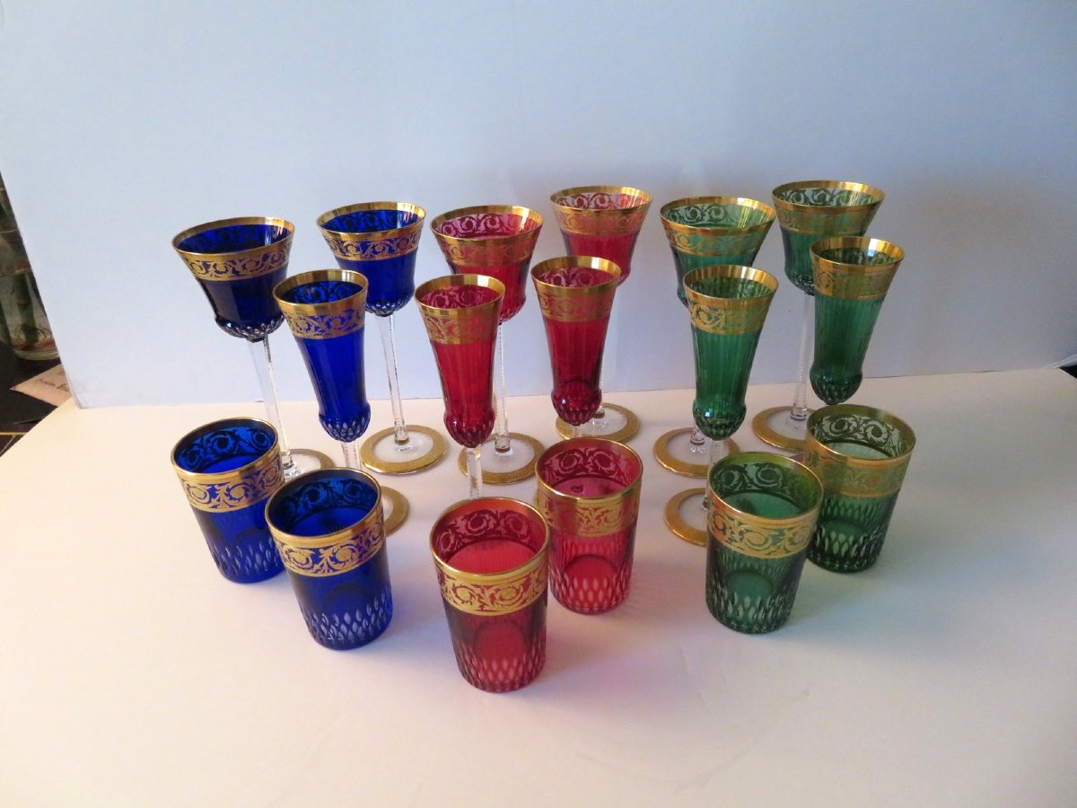  Set Of 17 Saint Louis Thistle Gold Crystal Roemer Flute Tea Glasses-photo-2