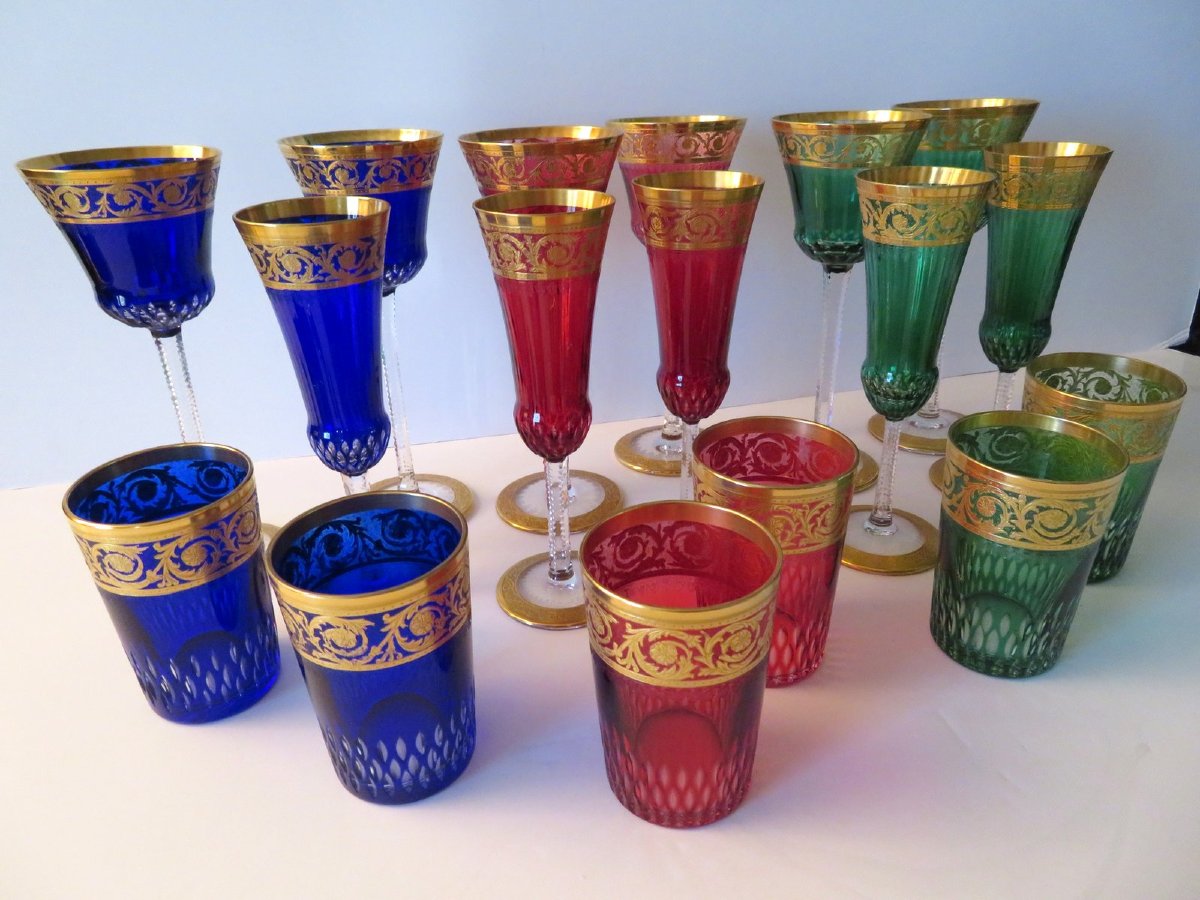  Set Of 17 Saint Louis Thistle Gold Crystal Roemer Flute Tea Glasses-photo-3