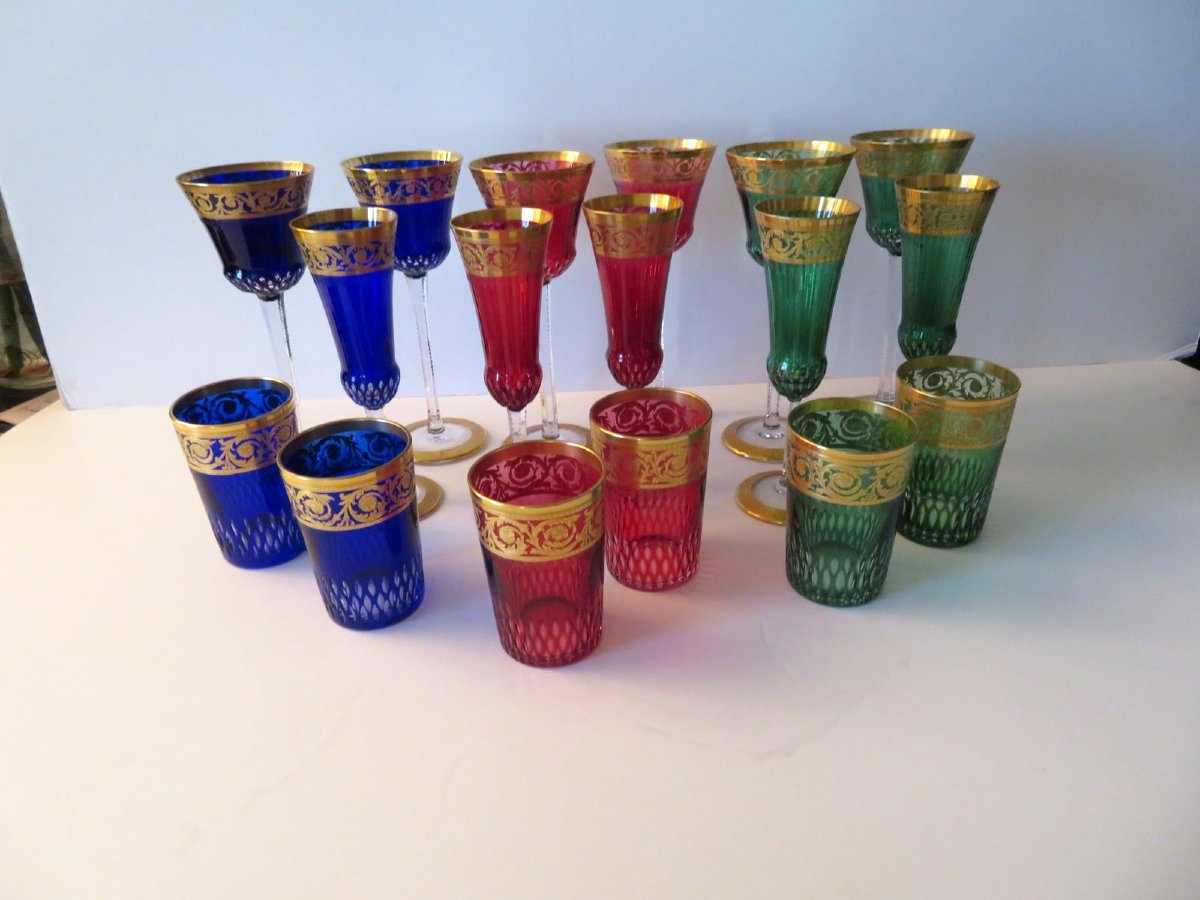  Set Of 17 Saint Louis Thistle Gold Crystal Roemer Flute Tea Glasses-photo-2