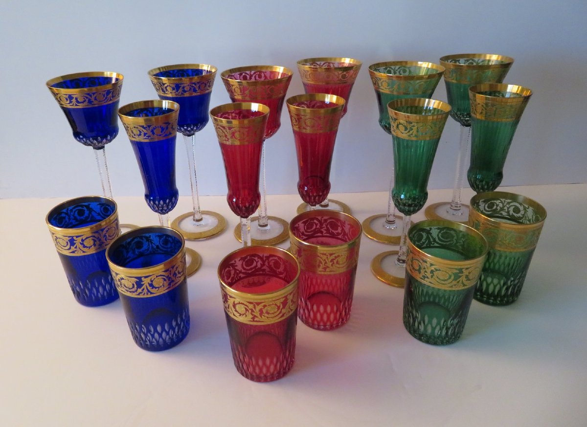  Set Of 17 Saint Louis Thistle Gold Crystal Roemer Flute Tea Glasses-photo-3