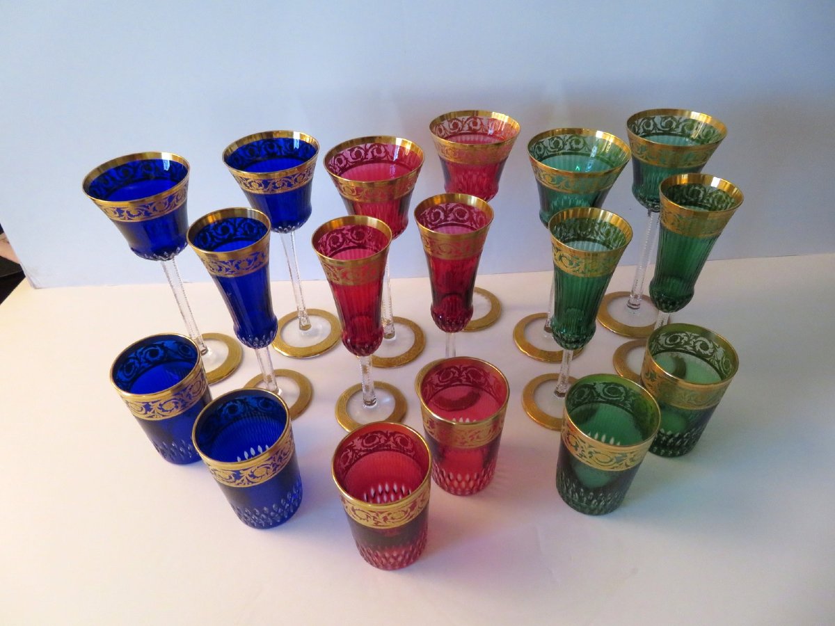  Set Of 17 Saint Louis Thistle Gold Crystal Roemer Flute Tea Glasses-photo-4