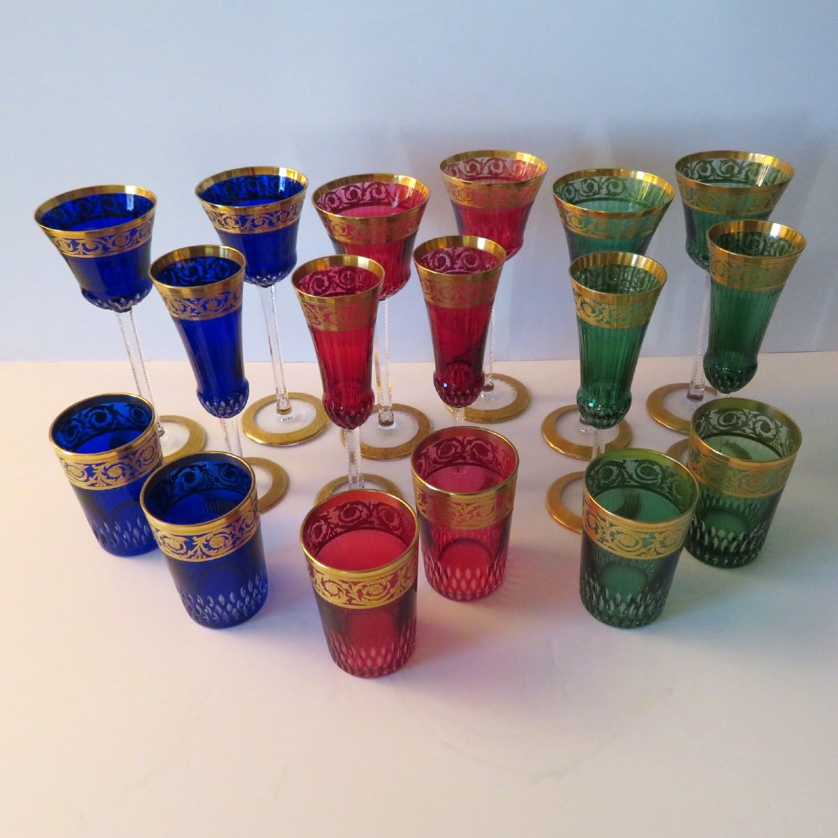  Set Of 17 Saint Louis Thistle Gold Crystal Roemer Flute Tea Glasses-photo-6