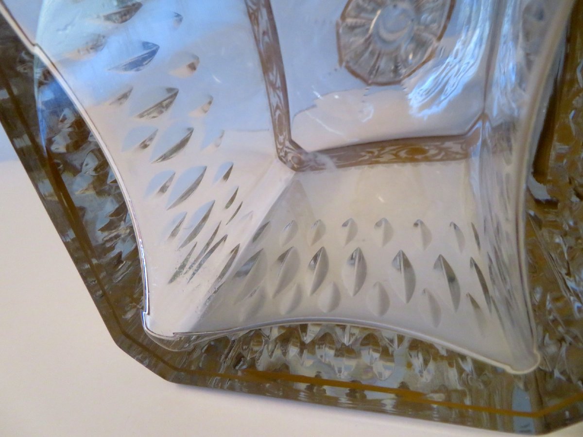  Large Square Bottle Decanter Whisky Of Saint Louis , Thistle Gold Crystal, Signed-photo-2