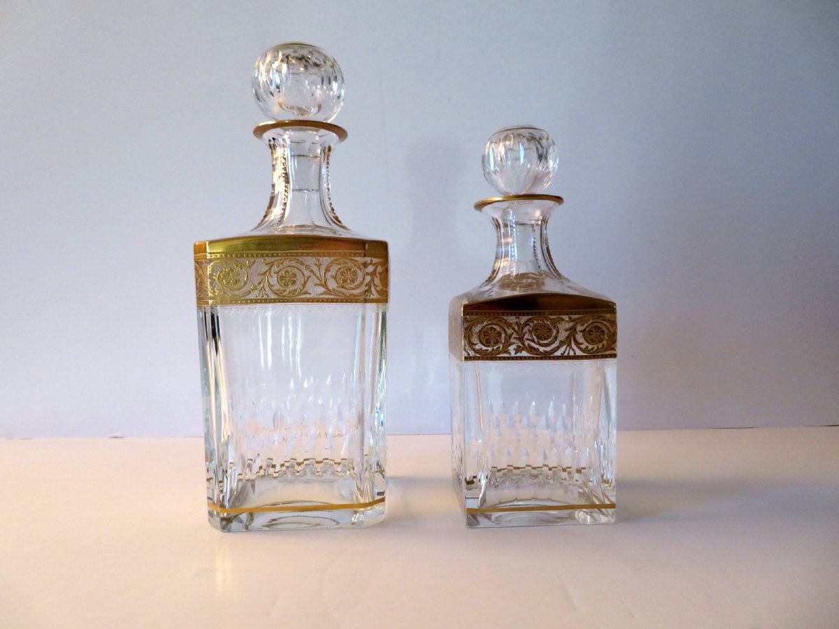  Large Square Bottle Decanter Whisky Of Saint Louis , Thistle Gold Crystal, Signed-photo-4