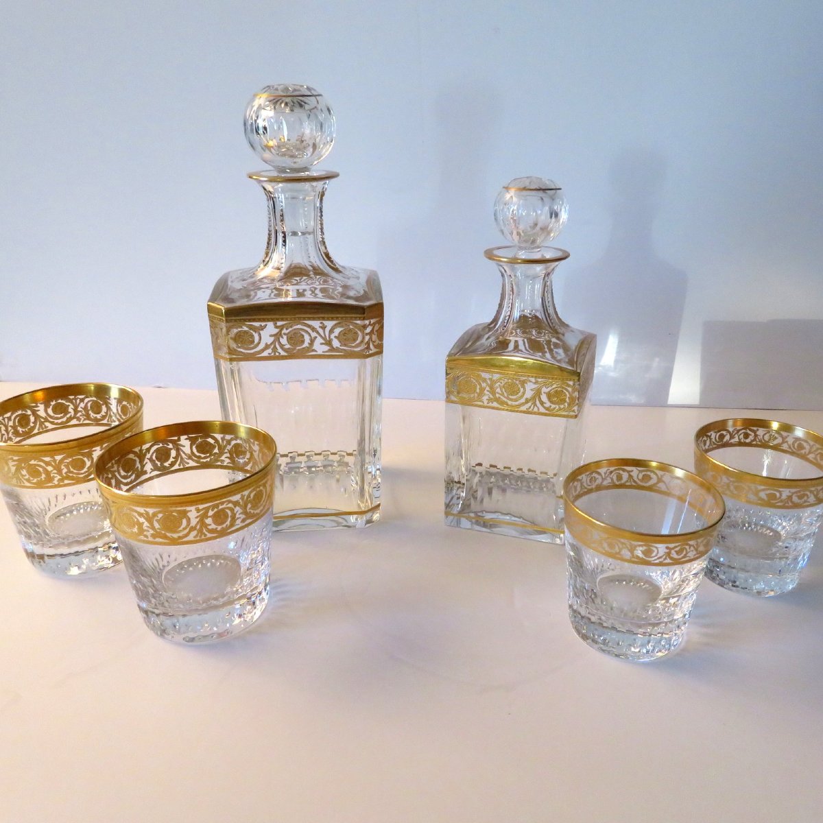  Large Square Bottle Decanter Whisky Of Saint Louis , Thistle Gold Crystal, Signed-photo-1