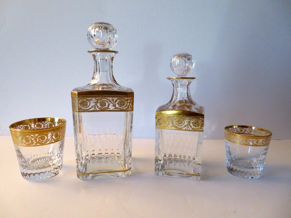  Large Square Bottle Decanter Whisky Of Saint Louis , Thistle Gold Crystal, Signed-photo-2