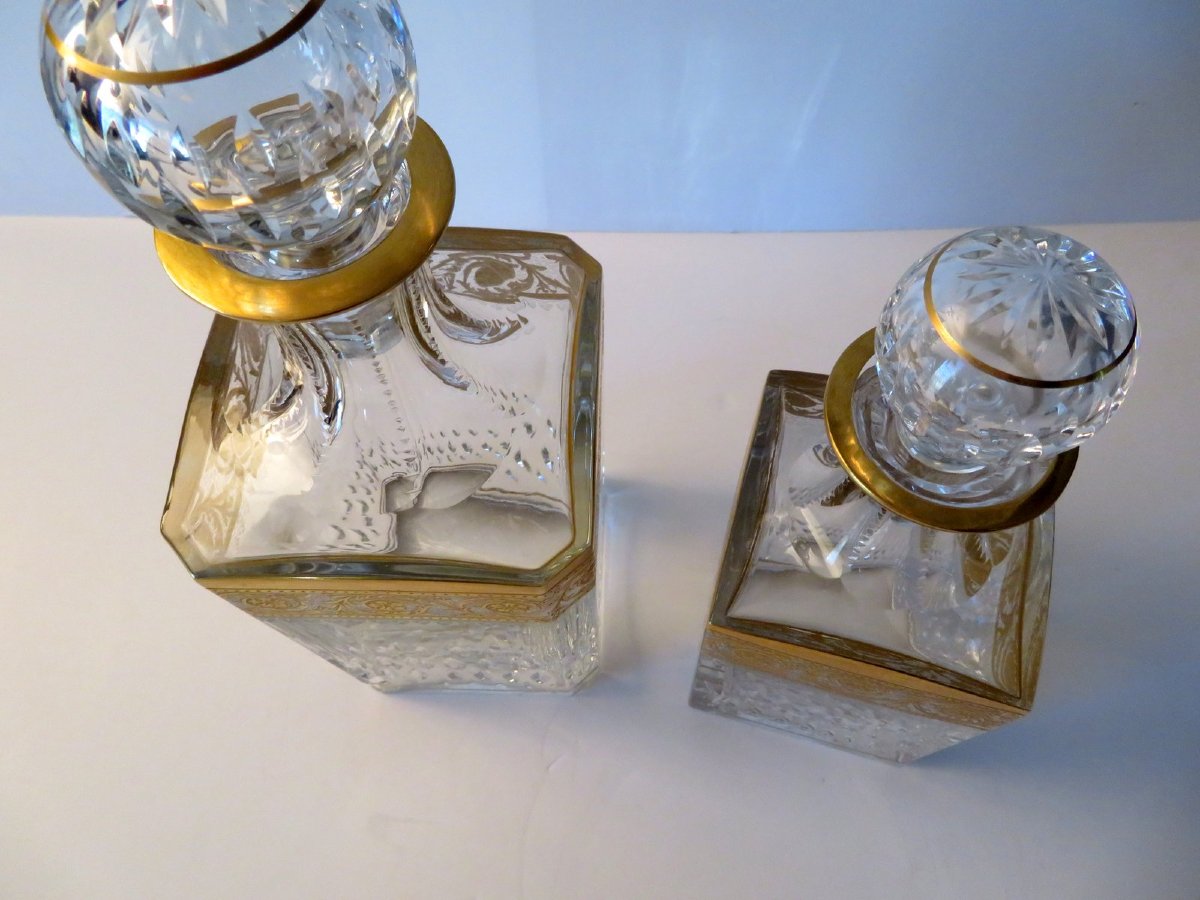  Large Square Bottle Decanter Whisky Of Saint Louis , Thistle Gold Crystal, Signed-photo-3