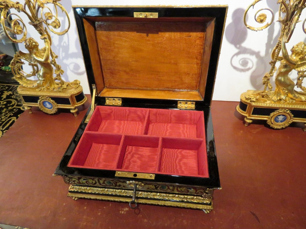 Jewelry Box Boulle Marquetry Multi Color Napoleon III Period 19th Inlay All Sides-photo-2