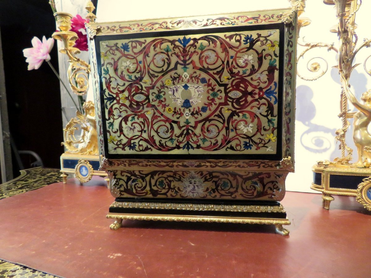 Jewelry Box Boulle Marquetry Multi Color Napoleon III Period 19th Inlay All Sides-photo-3