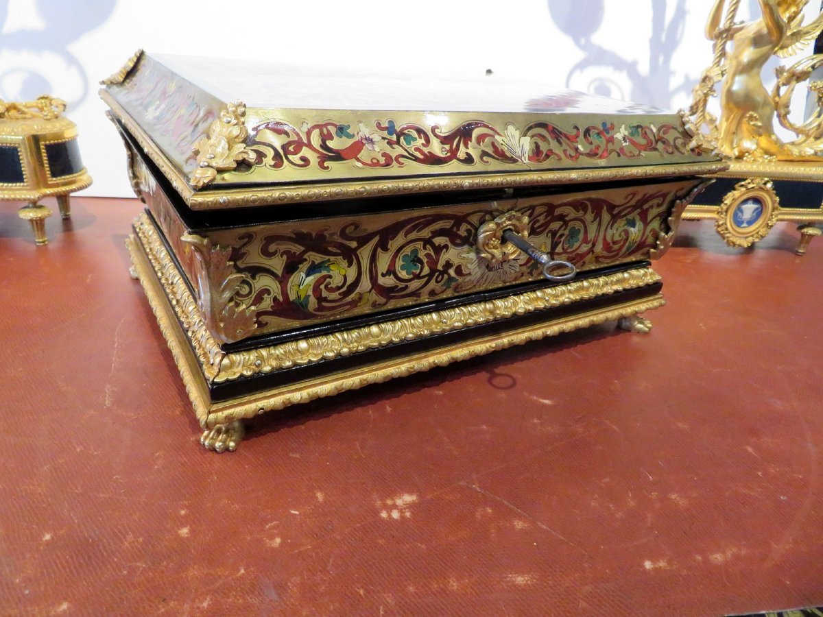 Jewelry Box Boulle Marquetry Multi Color Napoleon III Period 19th Inlay All Sides-photo-8