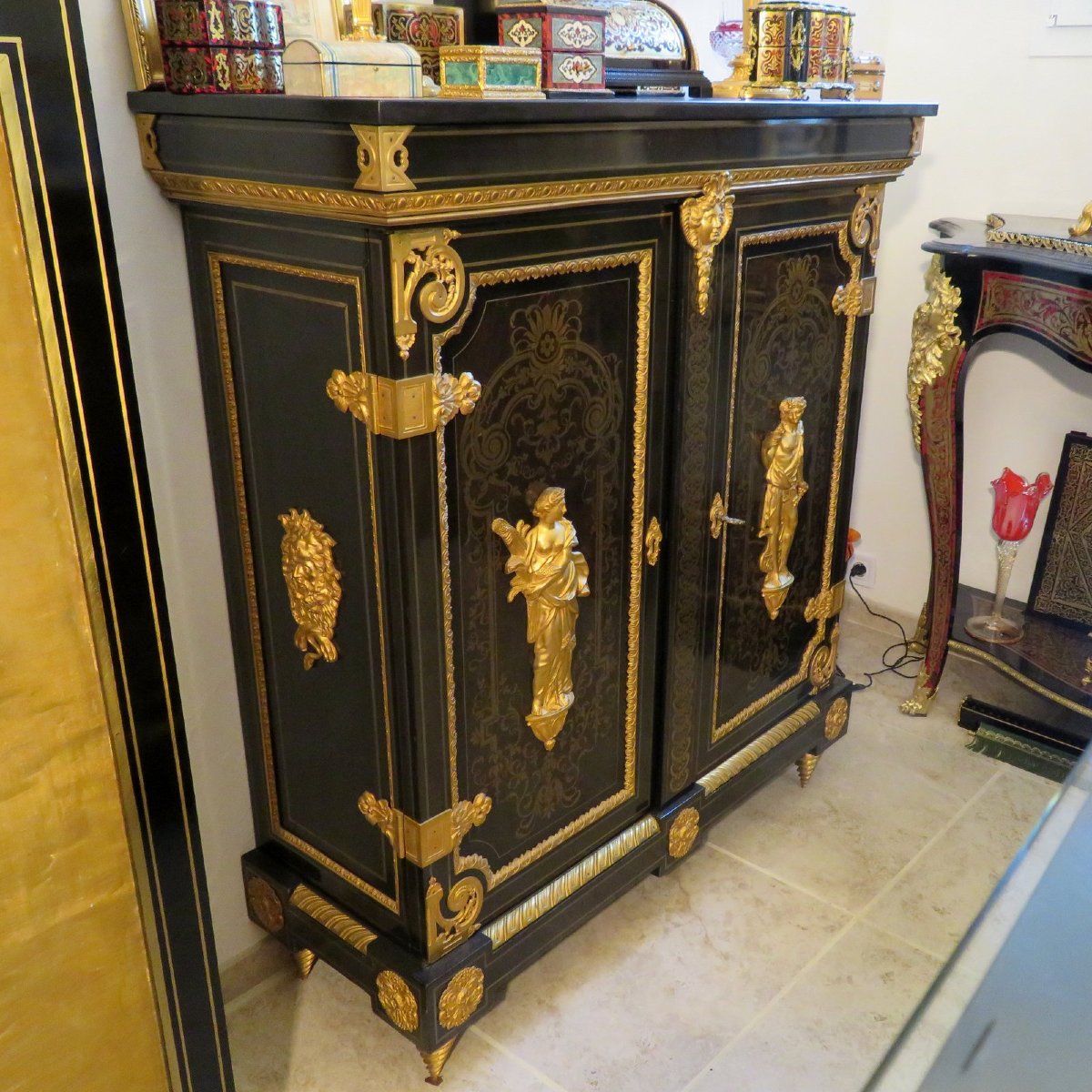 Stamped Vve Sormani, Cabinet In Boulle Marquetry , 19th Century, Louis XIV Style.-photo-2