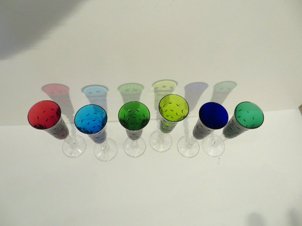 Saint Louis Crystal Colorful Bubbles Model Set Of 6 Flutes Champagne Glass, New In Box-photo-2