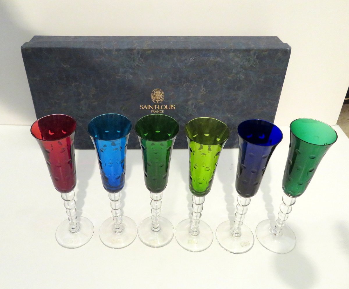 Saint Louis Crystal Colorful Bubbles Model Set Of 6 Flutes Champagne Glass, New In Box-photo-1