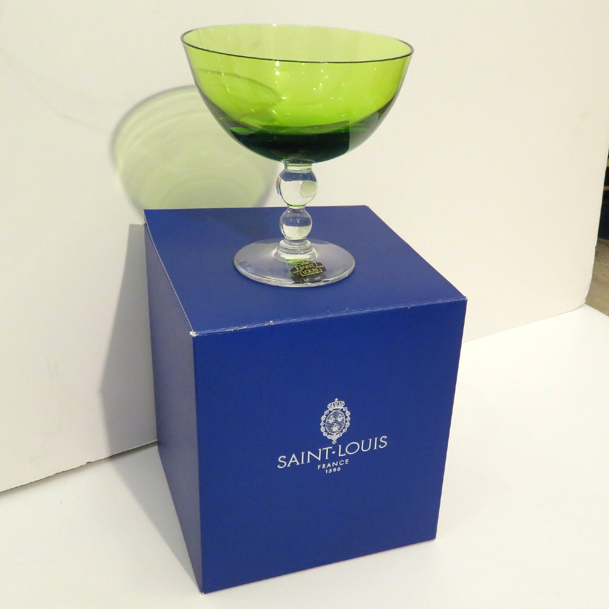 Saint-louis Crystal Bubbles Chartreuse Light Green Footed Bowl With Its Box-photo-3