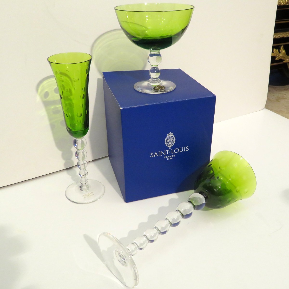 Saint-louis Crystal Bubbles Chartreuse Light Green Footed Bowl With Its Box