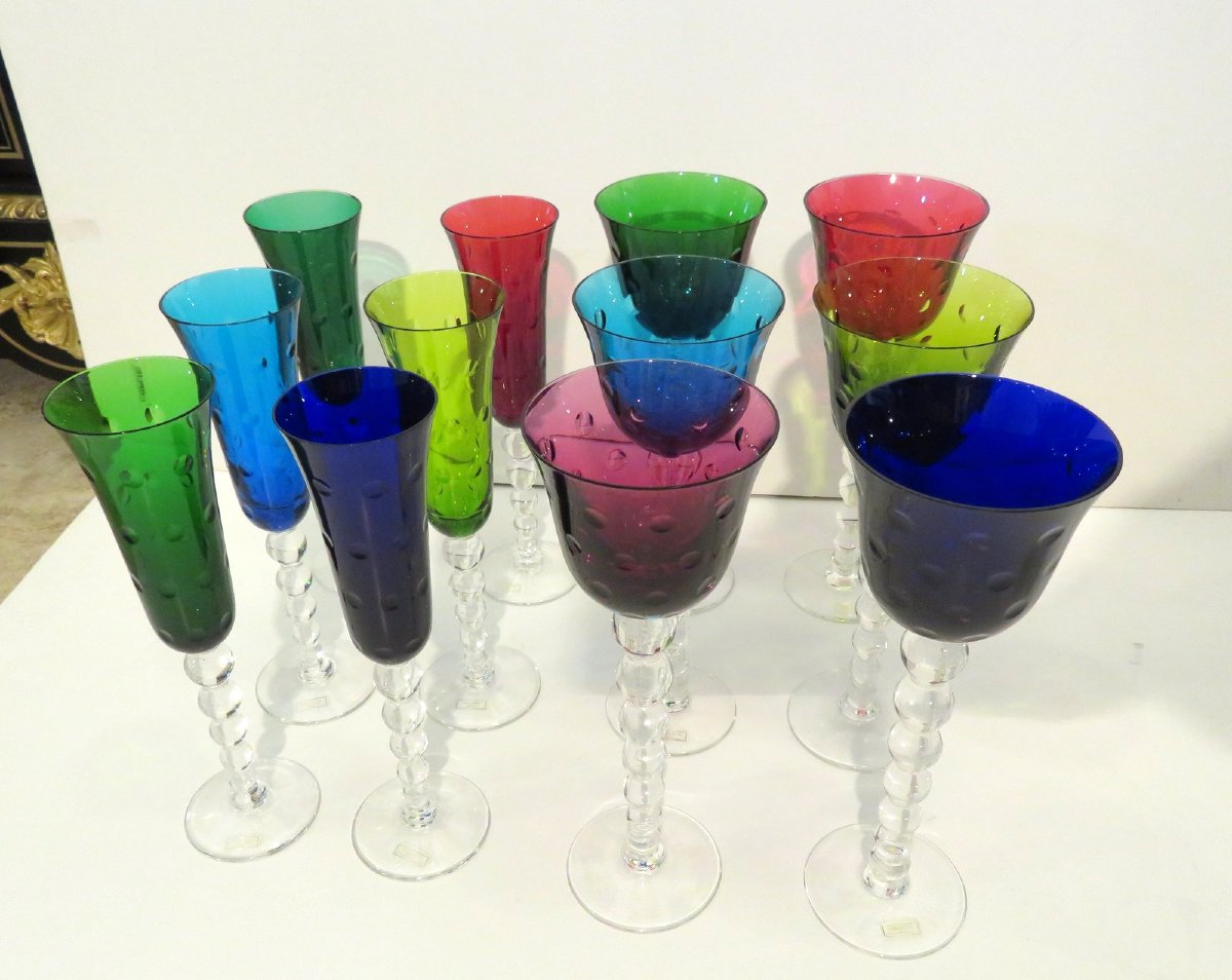 Saint Louis Crystal Bubbles Model Set 6 Roemers Rhine Wine Hock Glasses And 6 Flutes In A Box-photo-2