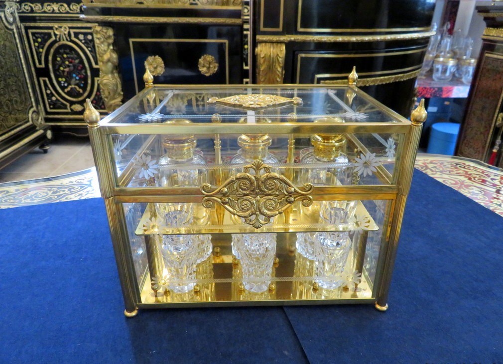 Tantalus Box In  Bronze And Crystal Liquor Cabinet Complete , Circa 1900-photo-2
