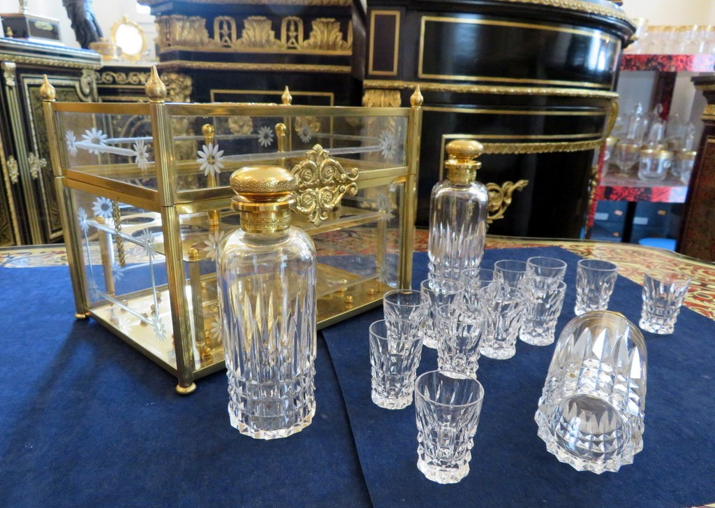 Tantalus Box In  Bronze And Crystal Liquor Cabinet Complete , Circa 1900-photo-3