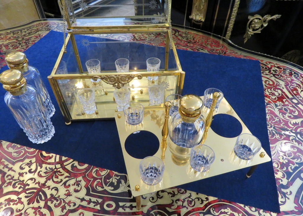 Tantalus Box In  Bronze And Crystal Liquor Cabinet Complete , Circa 1900-photo-3