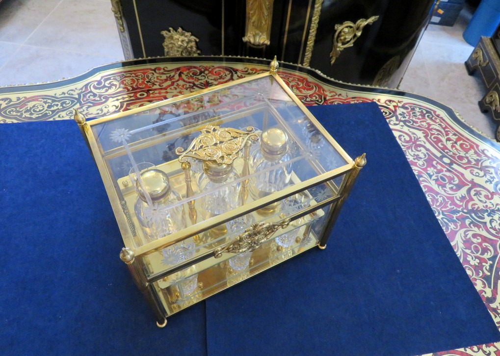 Tantalus Box In  Bronze And Crystal Liquor Cabinet Complete , Circa 1900-photo-8