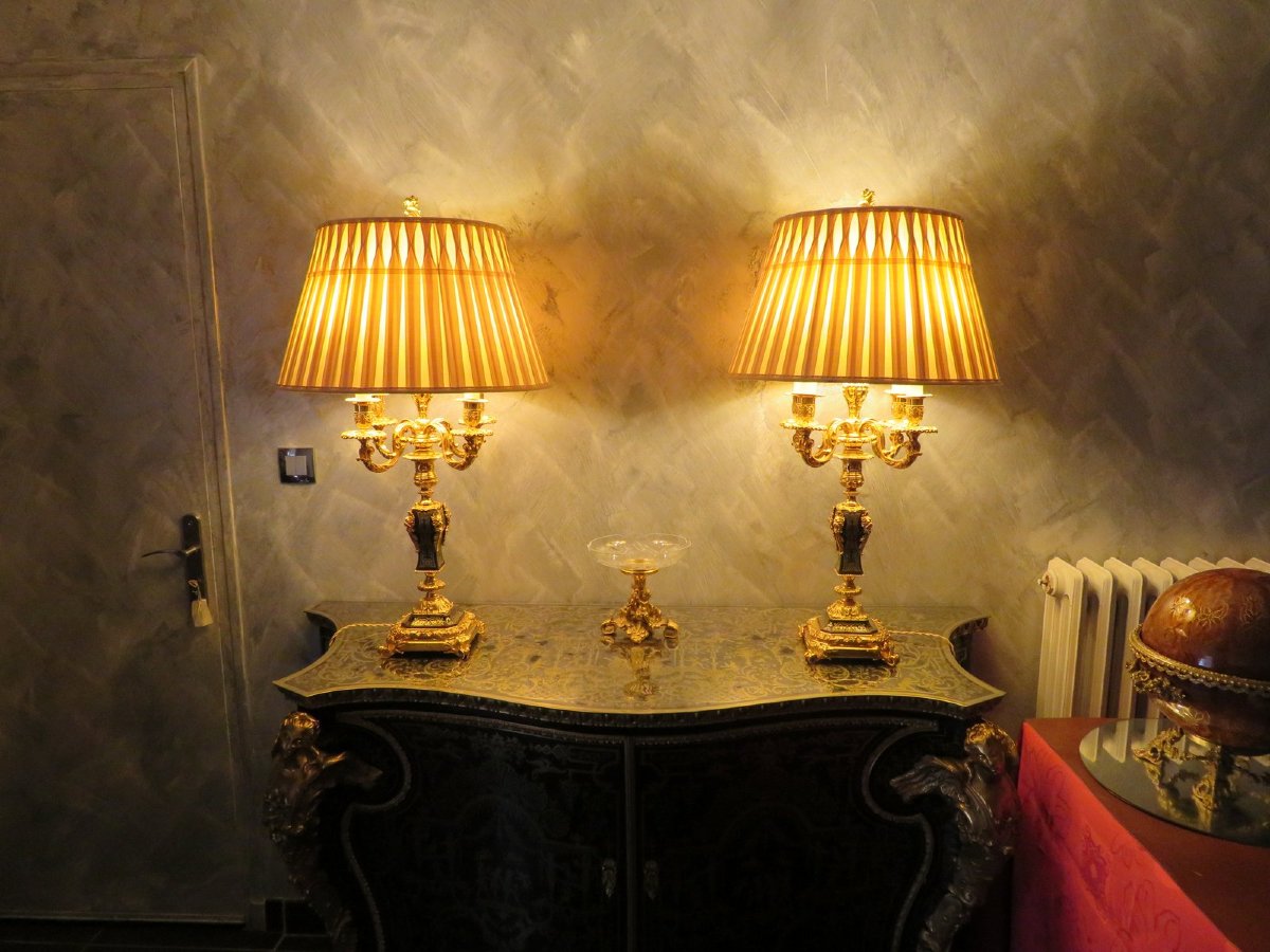 Paire de Lampe Candelabre  85 cm en marqueterie Boulle et en Bronze époque Napoléon III-photo-4