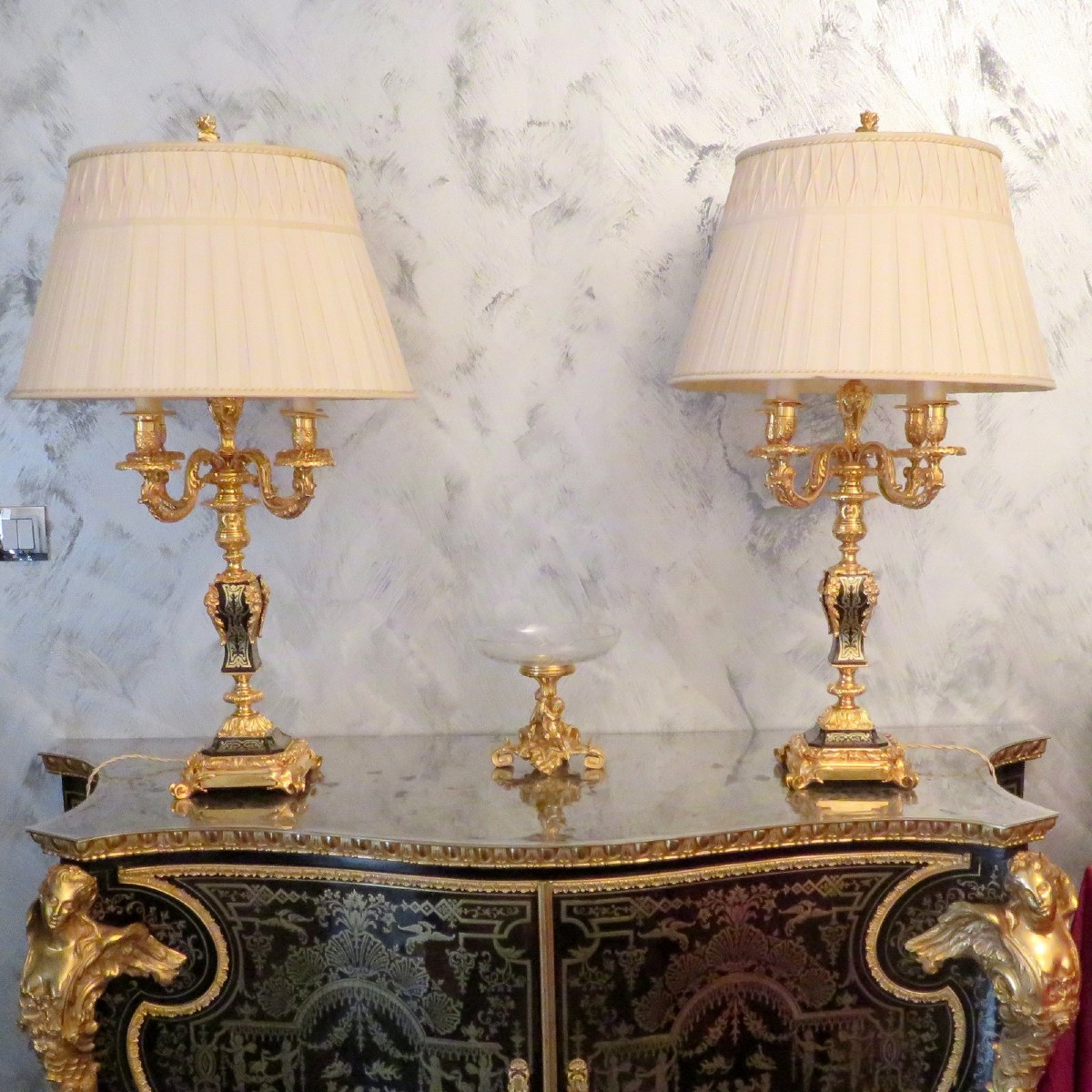 Paire de Lampe Candelabre  85 cm en marqueterie Boulle et en Bronze époque Napoléon III
