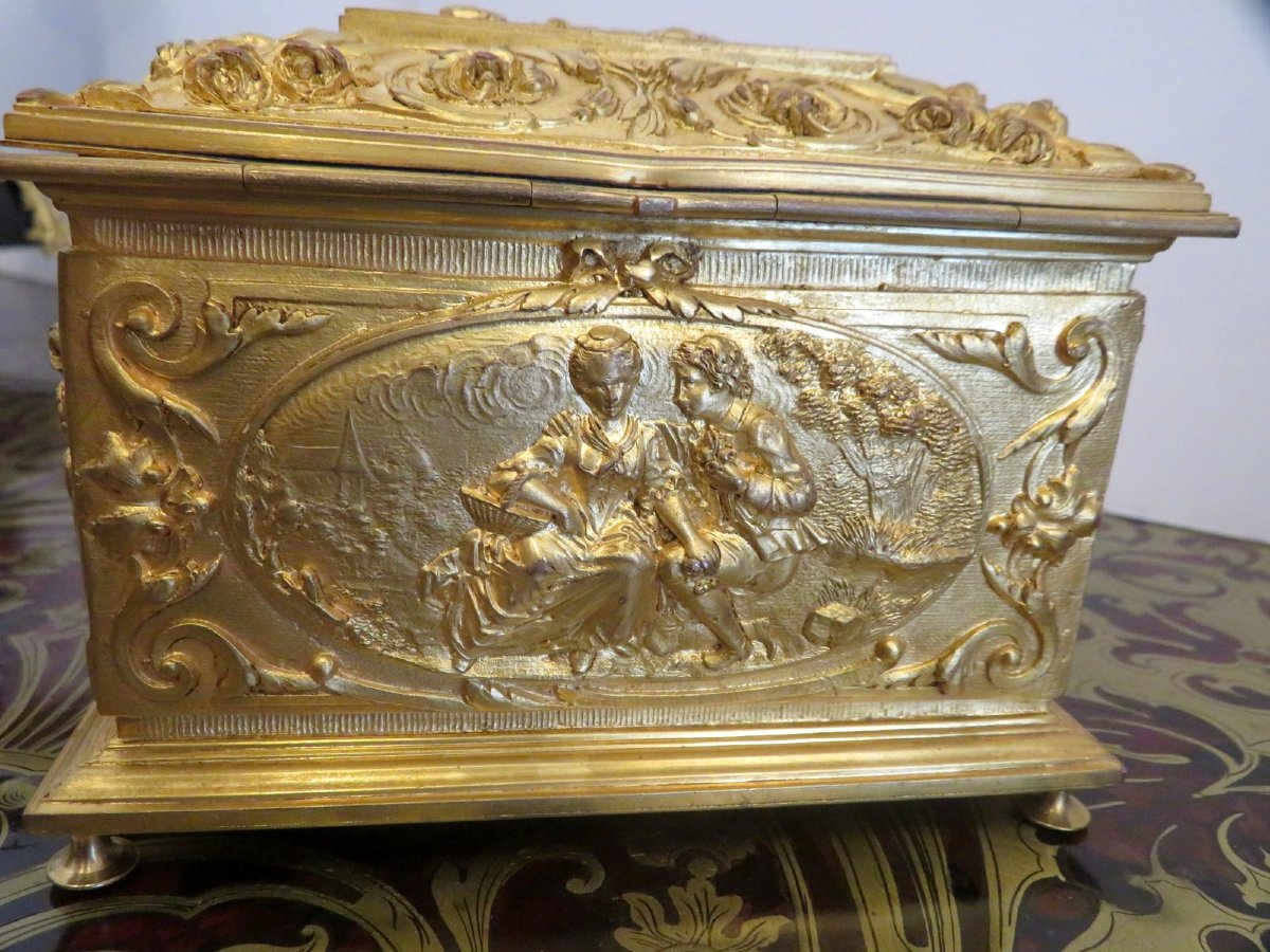 Box In Golden Bronze Marquetry 19th Boulle-photo-3