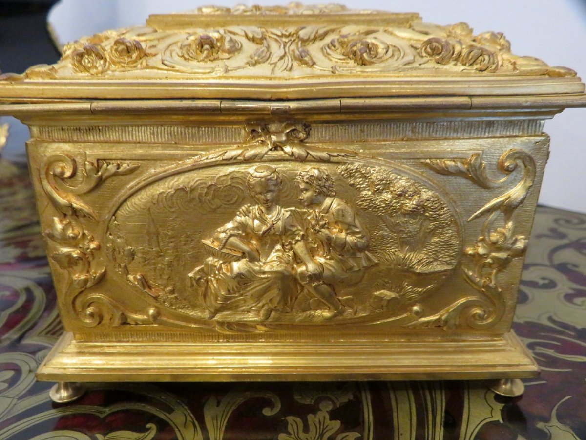 Box In Golden Bronze Marquetry 19th Boulle-photo-4