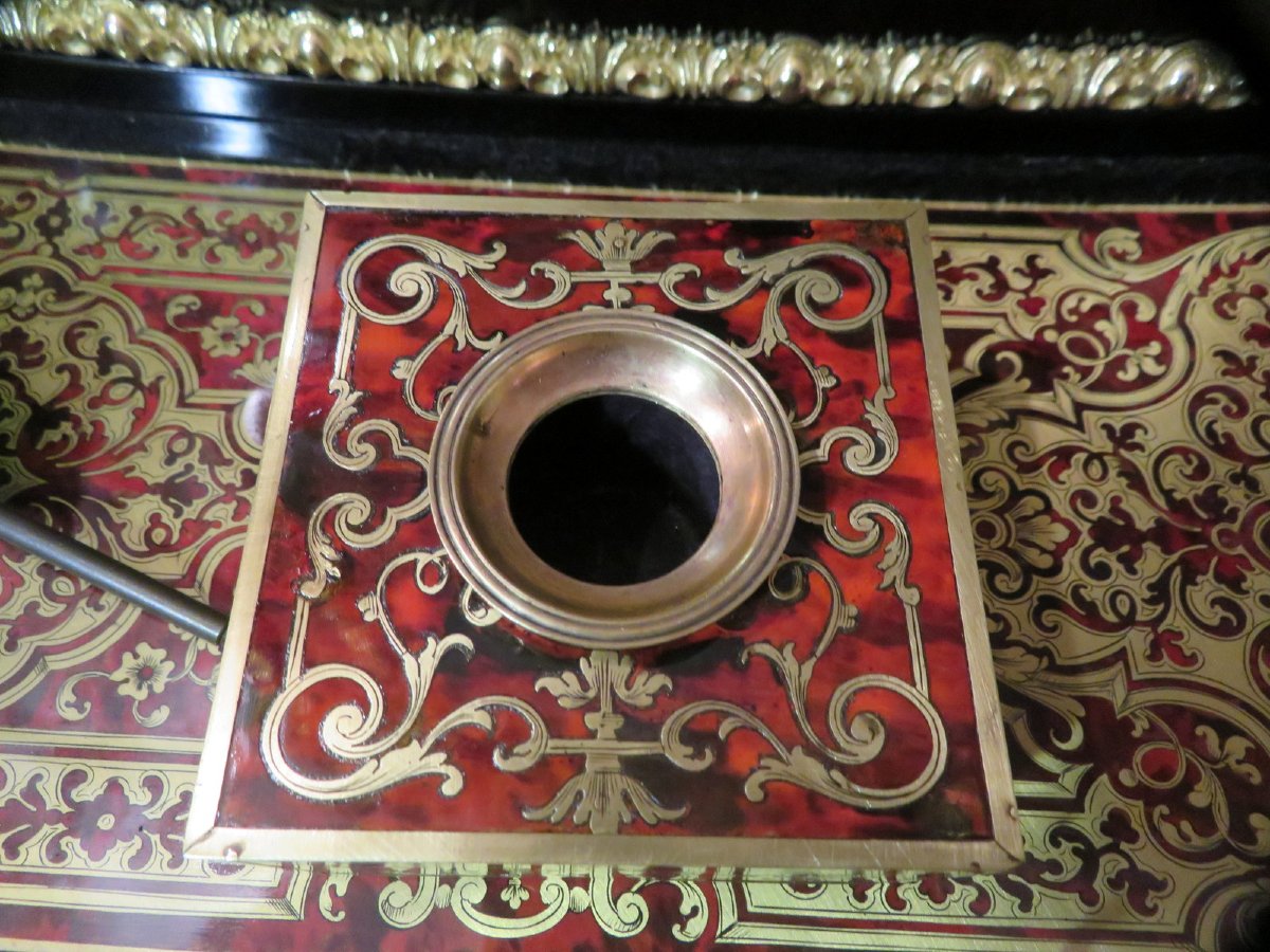 Encrier de bureau en marqueterie Boulle époque Napoléon III avec sa plume-photo-3