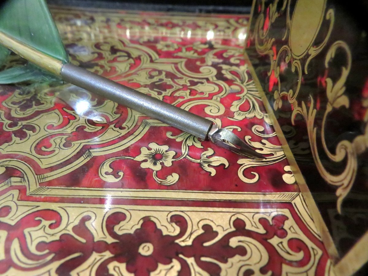 Encrier de bureau en marqueterie Boulle époque Napoléon III avec sa plume-photo-3