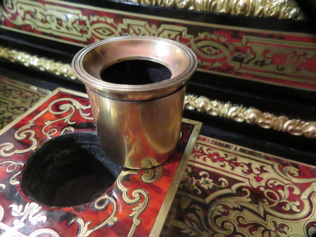 Encrier de bureau en marqueterie Boulle époque Napoléon III avec sa plume-photo-4