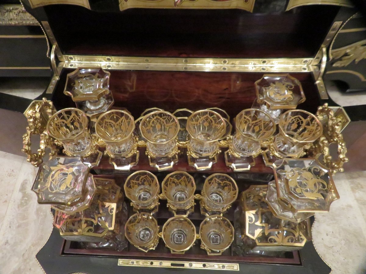 Importante Cave à liqueur en marqueterie Boulle d’époque Napoléon III 18 verres !!-photo-3