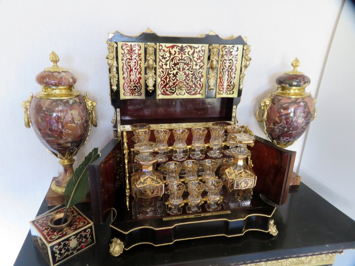 Importante Cave à liqueur en marqueterie Boulle d’époque Napoléon III 18 verres !!-photo-4