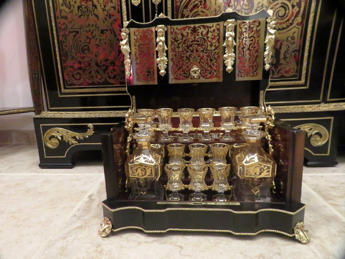 Importante Cave à liqueur en marqueterie Boulle d’époque Napoléon III 18 verres !!-photo-3