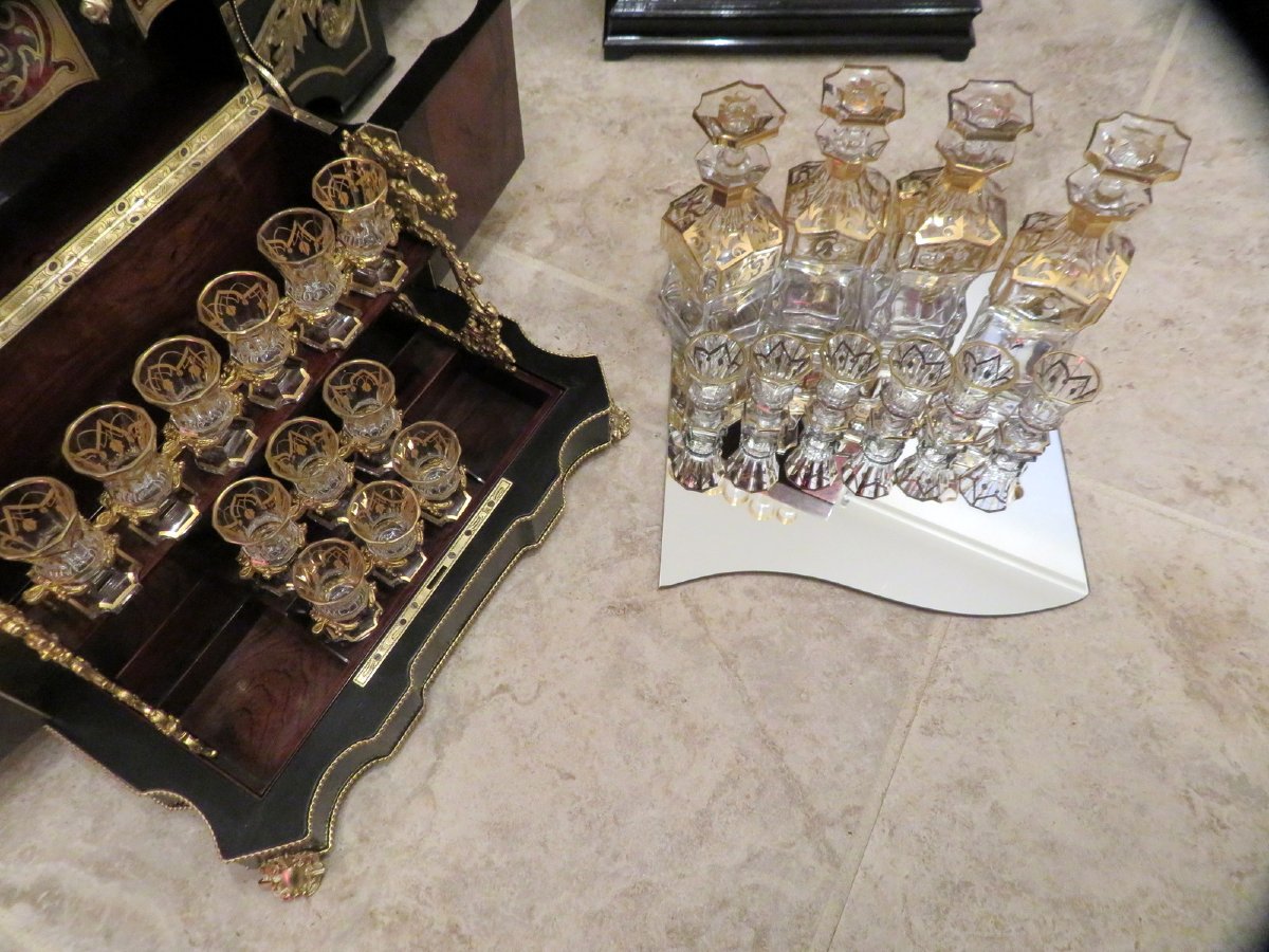 Importante Cave à liqueur en marqueterie Boulle d’époque Napoléon III 18 verres !!-photo-7