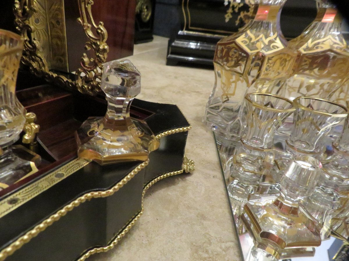 Importante Cave à liqueur en marqueterie Boulle d’époque Napoléon III 18 verres !!-photo-8