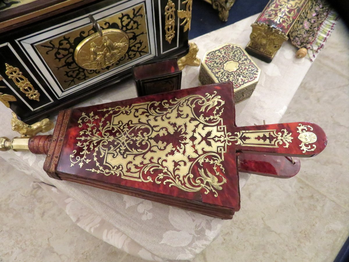 Soufflet de cheminée 2 faces en marqueterie Boulle époque XVIII-photo-7