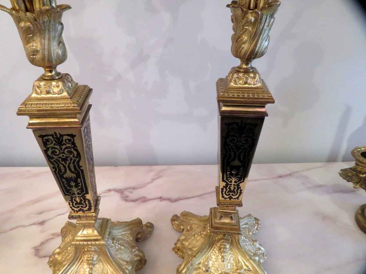 Paire de Candelabre en marqueterie Boulle Noir et Bronze époque Napoléon III 70cm-photo-2
