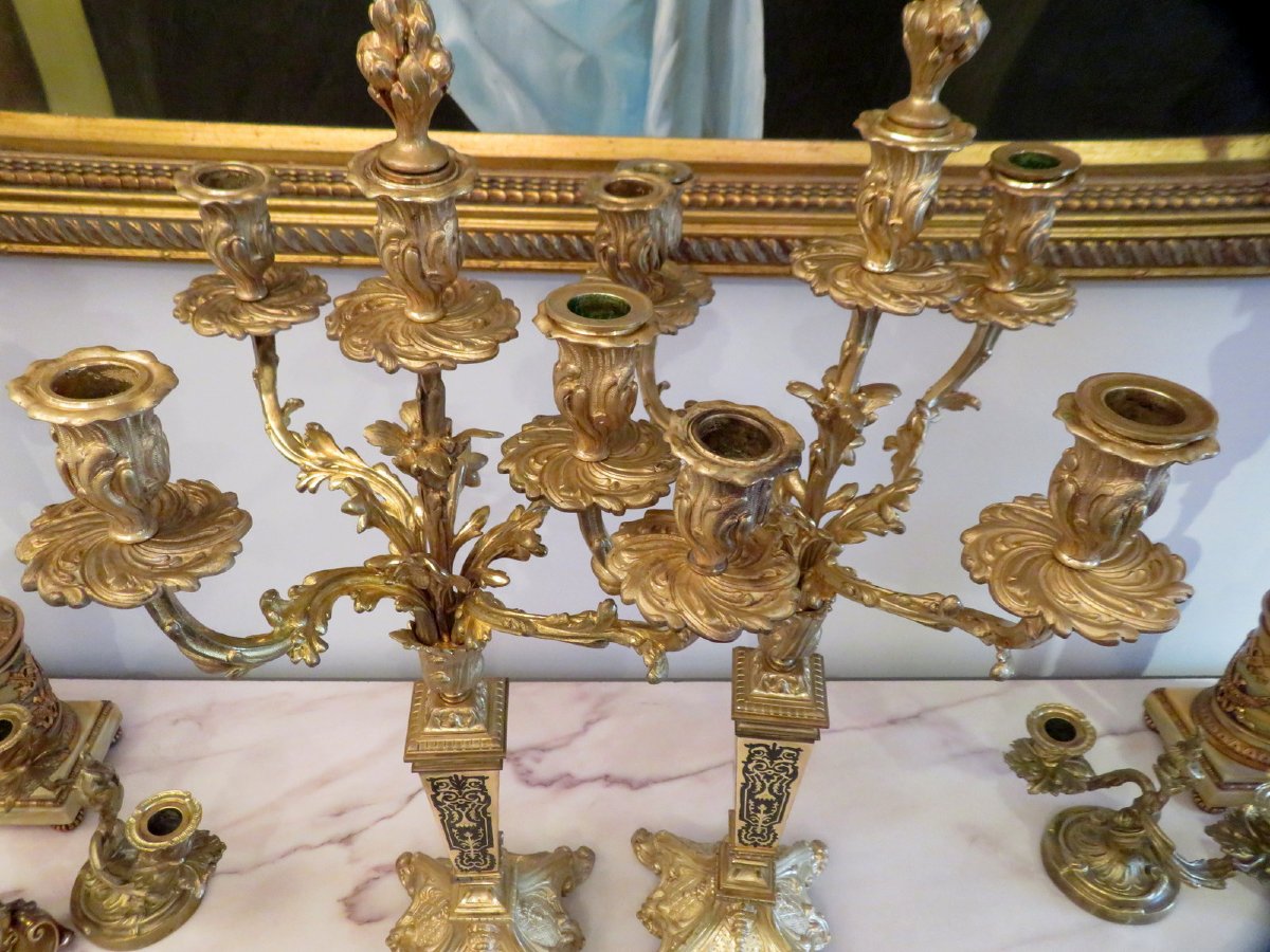 Paire de Candelabre en marqueterie Boulle Noir et Bronze époque Napoléon III 70cm-photo-4