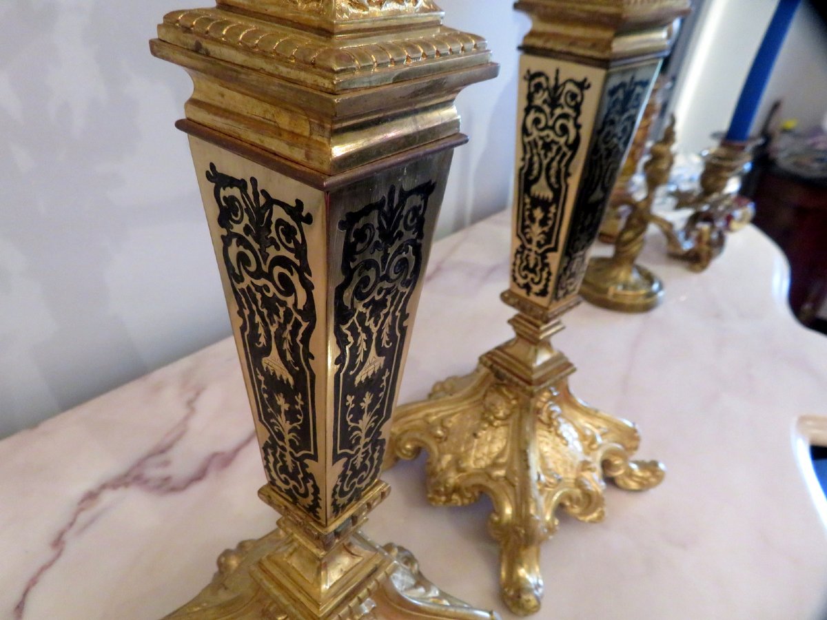 Paire de Candelabre en marqueterie Boulle Noir et Bronze époque Napoléon III 70cm-photo-3