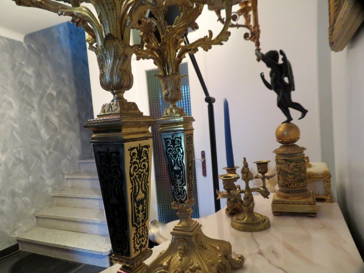 Paire de Candelabre en marqueterie Boulle Noir et Bronze époque Napoléon III 70cm-photo-4