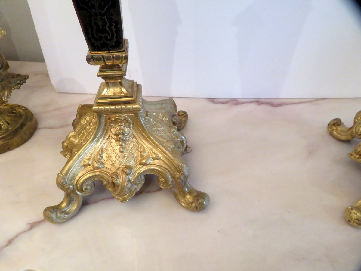 Paire de Candelabre en marqueterie Boulle Noir et Bronze époque Napoléon III 70cm-photo-6