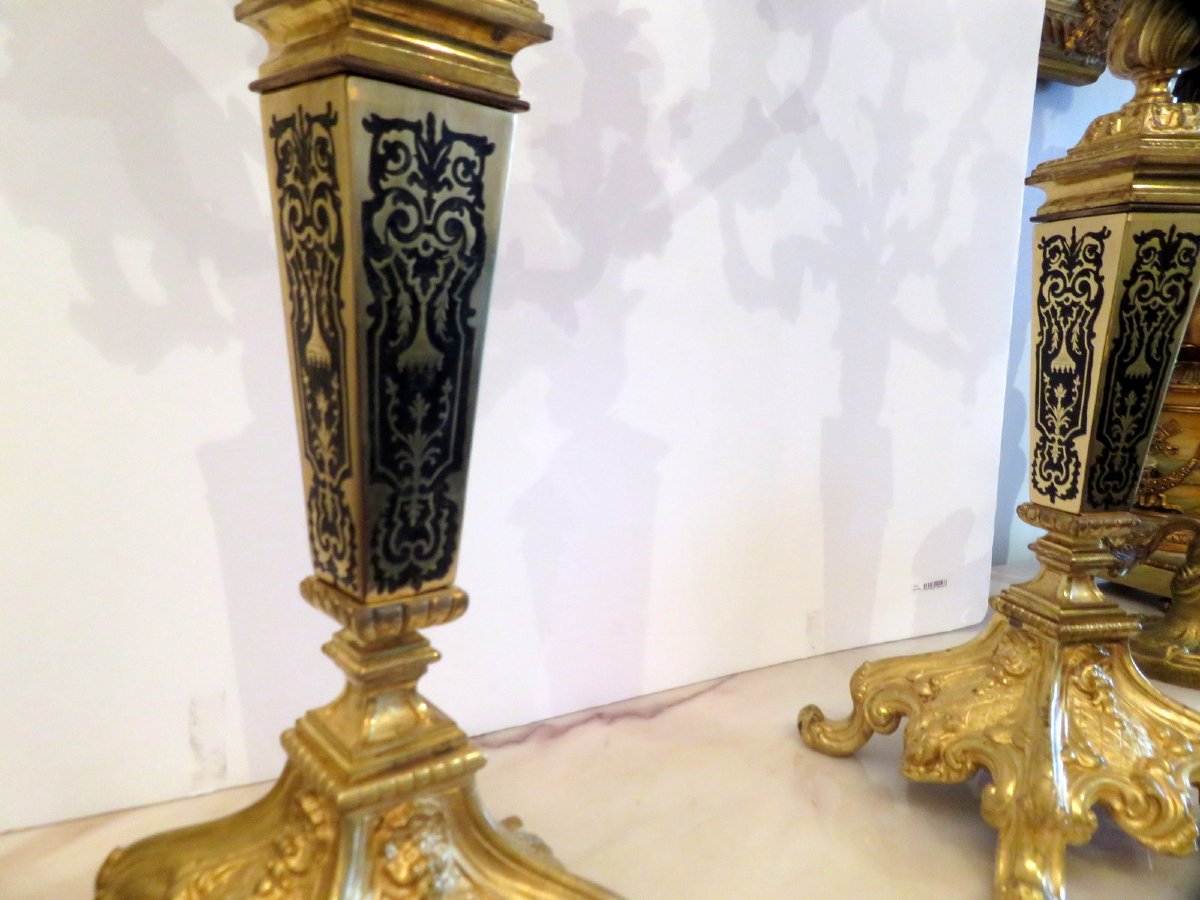 Paire de Candelabre en marqueterie Boulle Noir et Bronze époque Napoléon III 70cm-photo-8